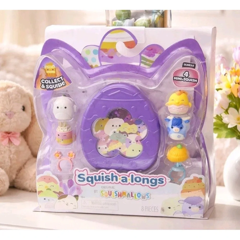 SQUISHMALLOWS SQUISH-A-LONGS EASTER - 8 PIECE SET - SERIES 2 - PURPLE CASE NEW